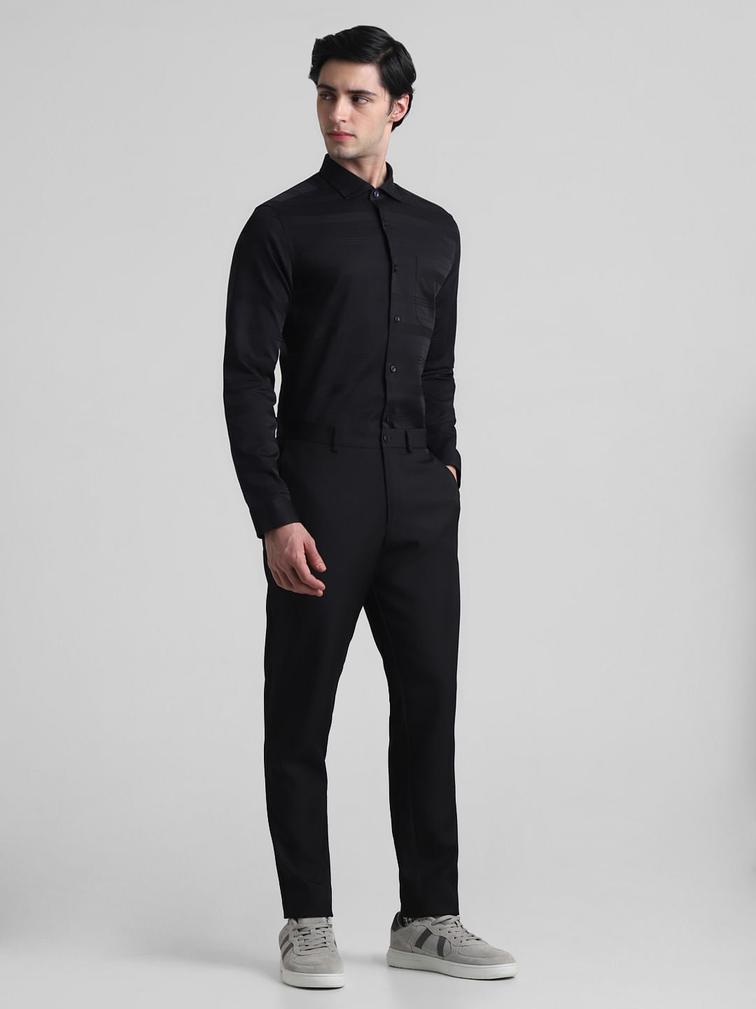 Black Dobby Striped Full Sleeves Shirt