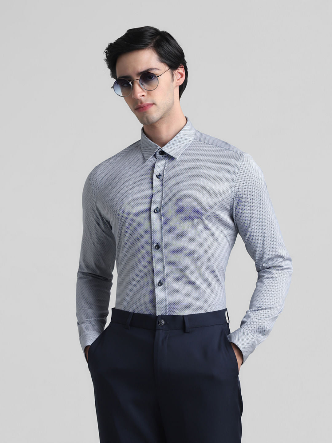 Navy Blue Printed Full Sleeves Shirt - S