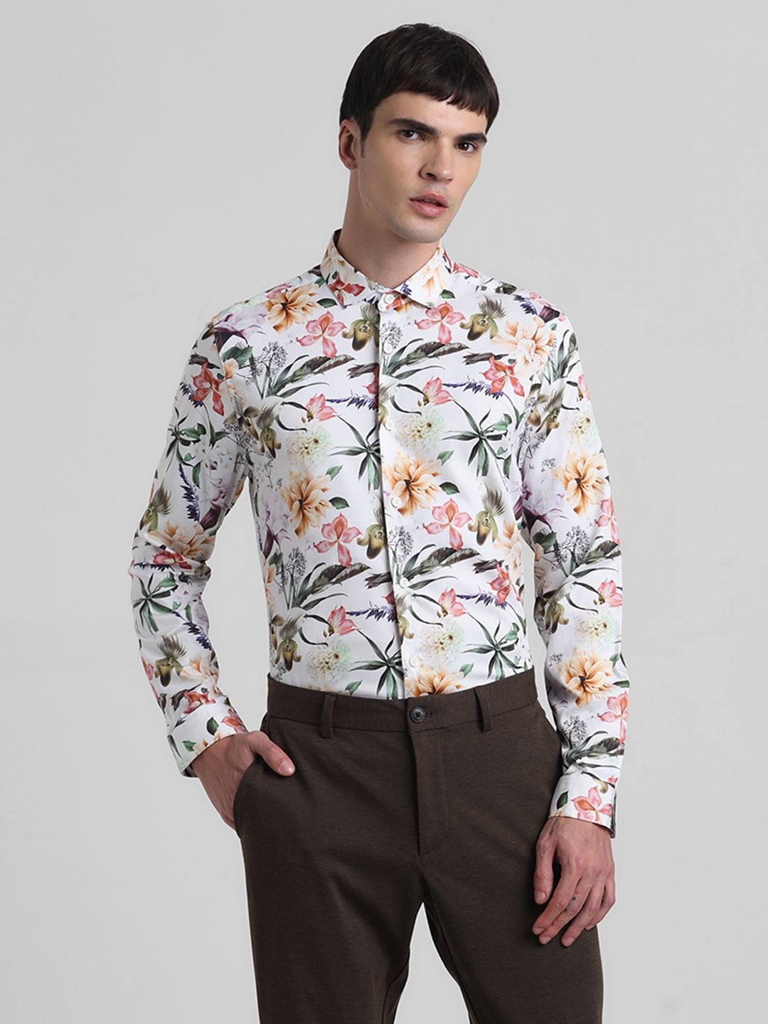 White Floral Print Full Sleeves Shirt