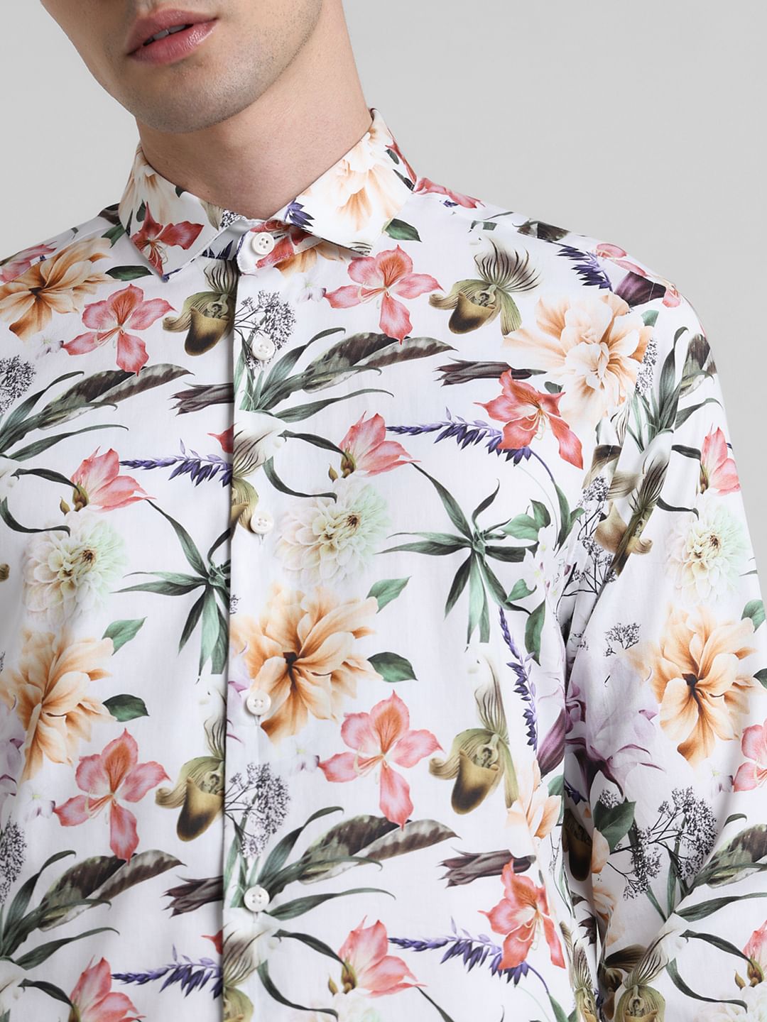White Floral Print Full Sleeves Shirt