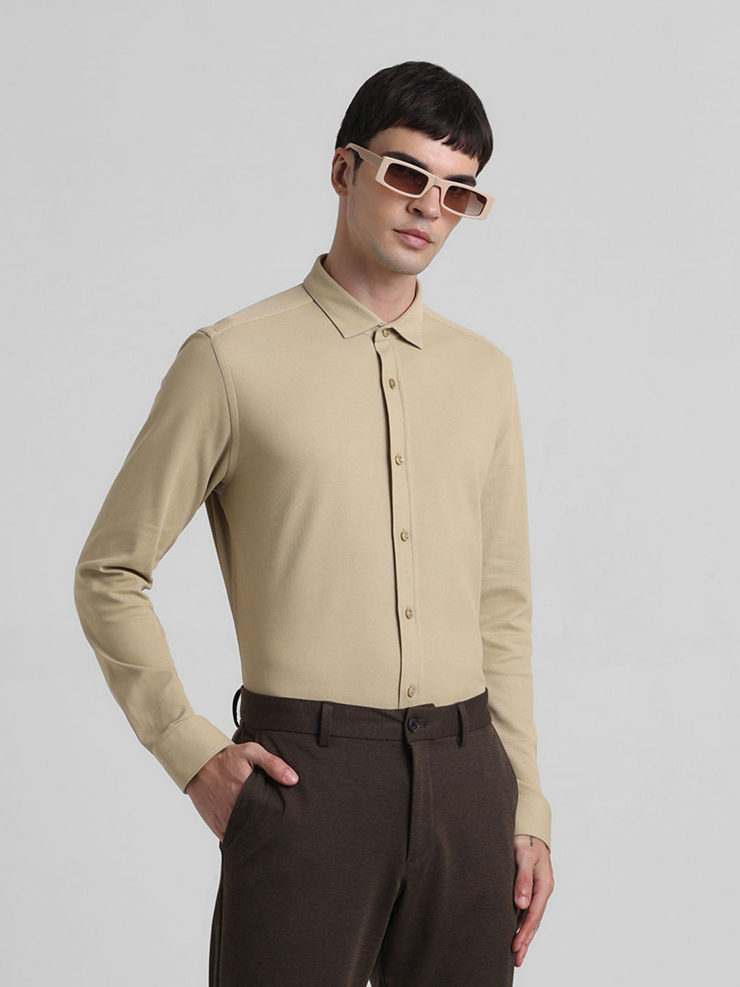 Brown Knitted Full Sleeves Shirt - S
