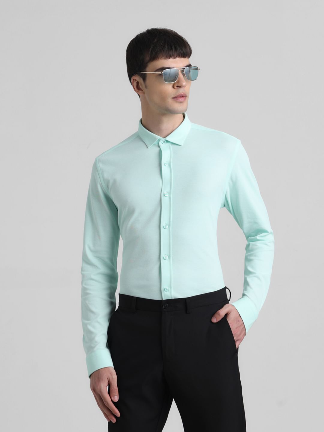 Green Knitted Full Sleeves Shirt - M