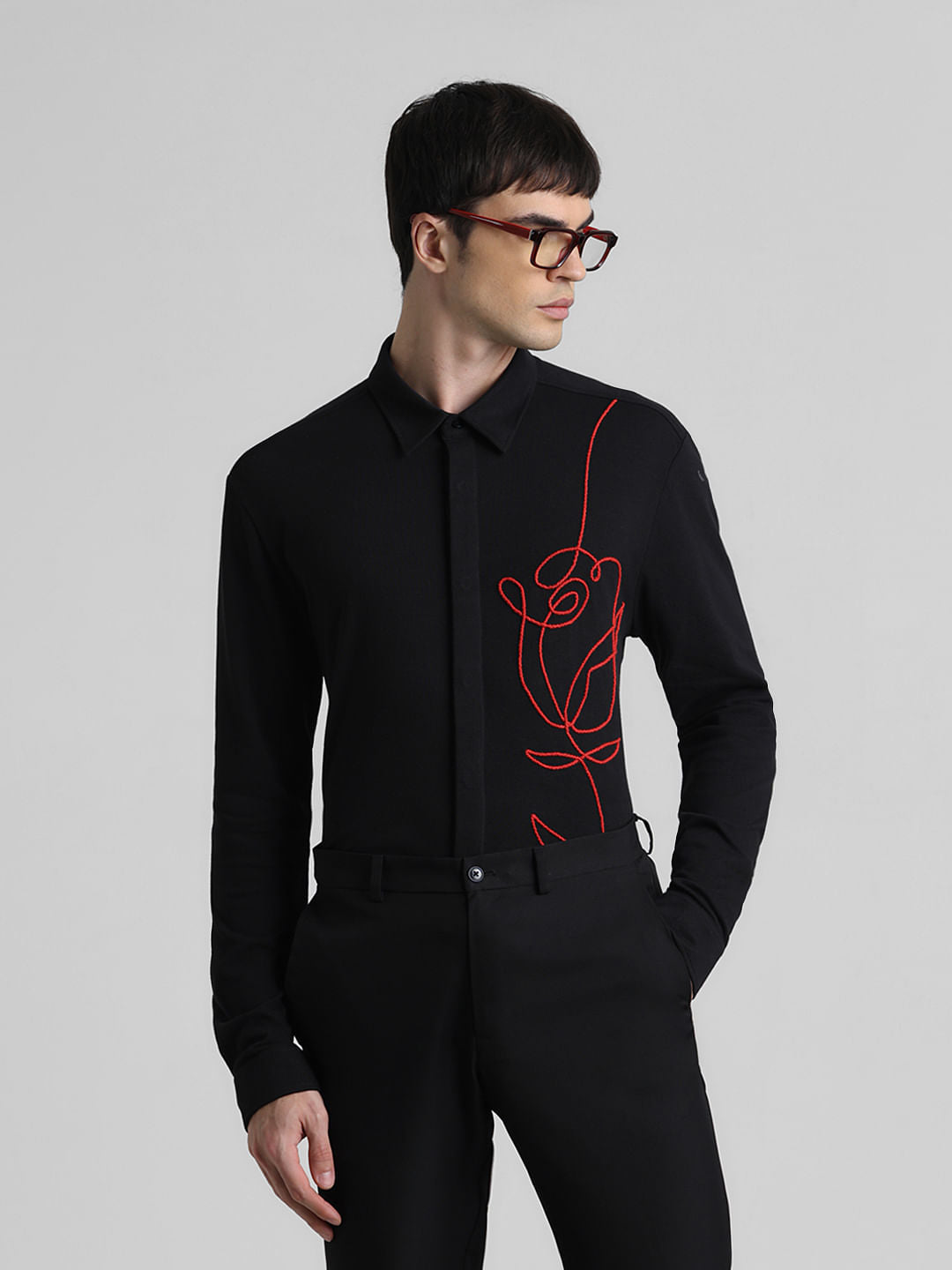 Black Embroidered Floral Shirt - S