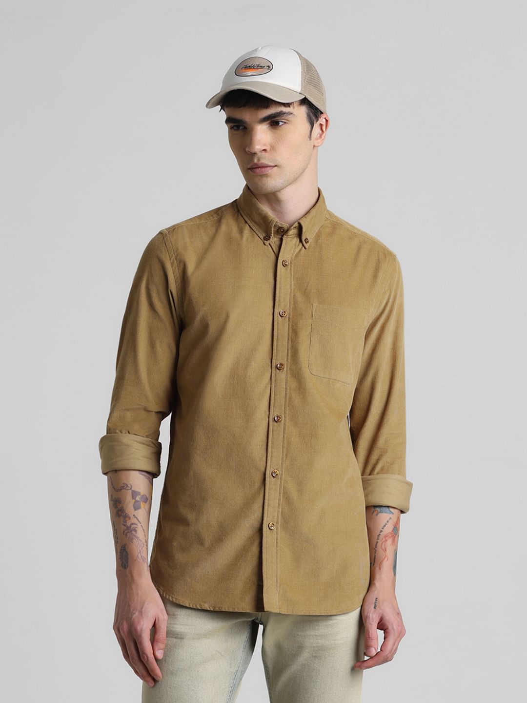 Brown Corduroy Full Sleeves Shirt - S