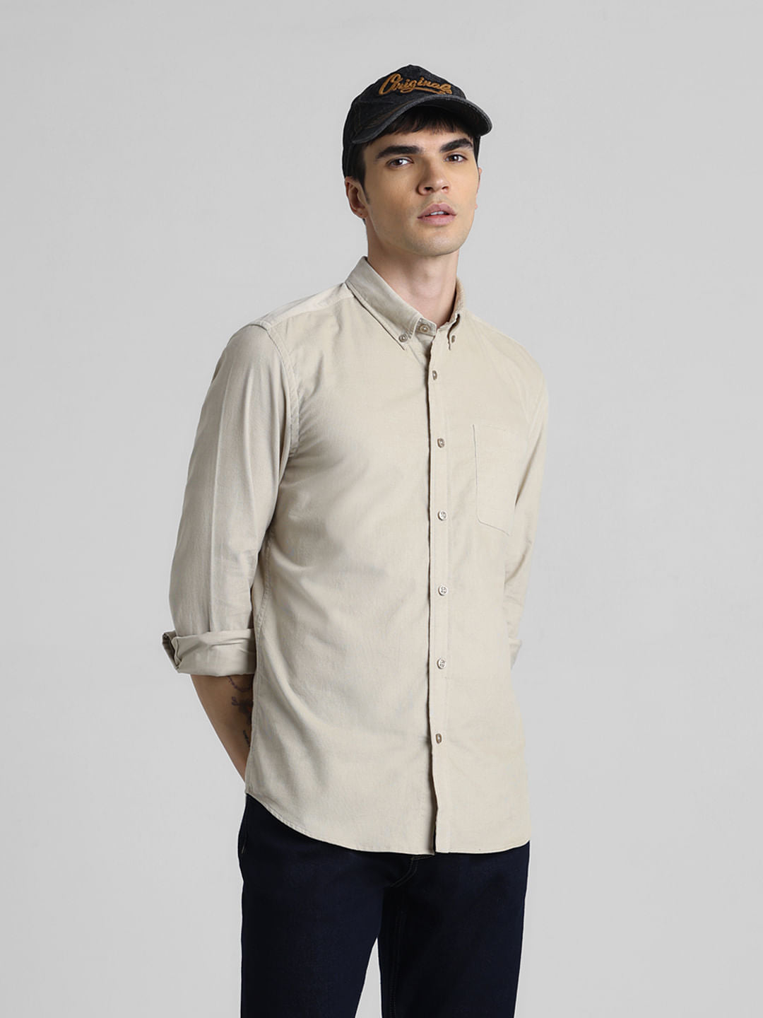 Beige Corduroy Full Sleeves Shirt - S