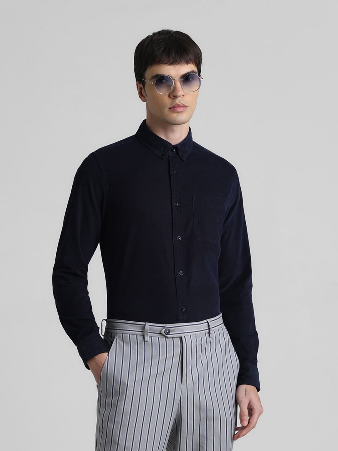 Navy Blue Corduroy Full Sleeves Shirt - S