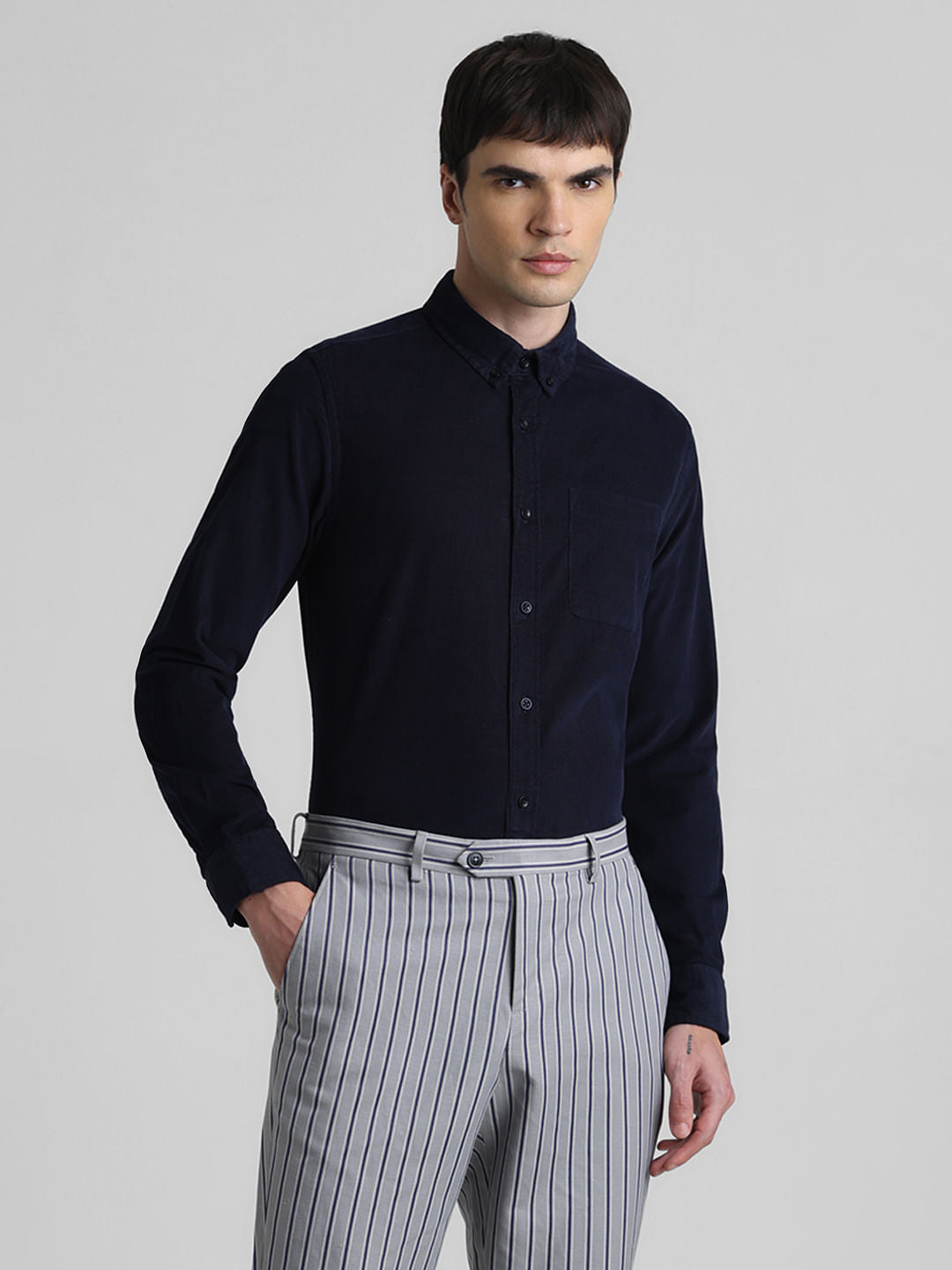 Navy Blue Corduroy Full Sleeves Shirt