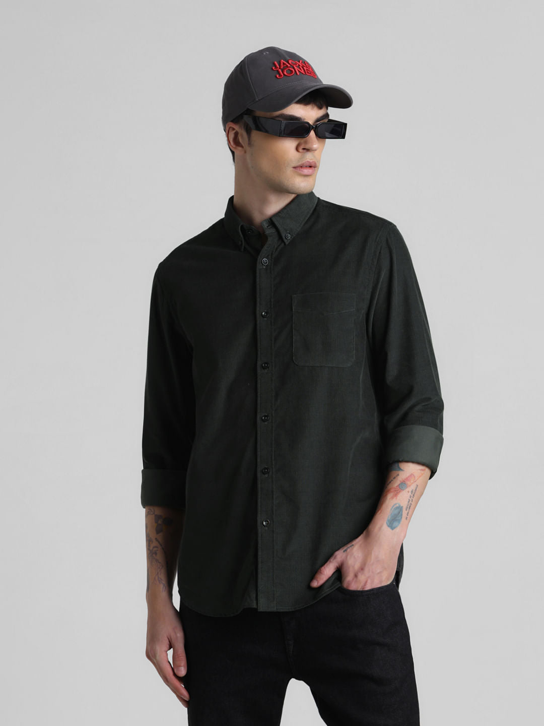 Dark Green Corduroy Full Sleeves Shirt - S