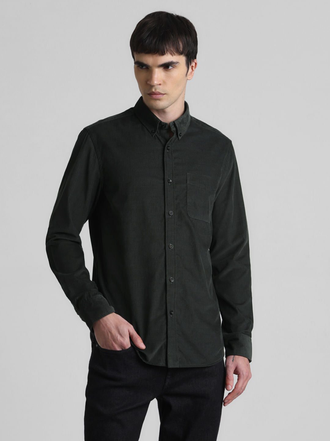 Dark Green Corduroy Full Sleeves Shirt