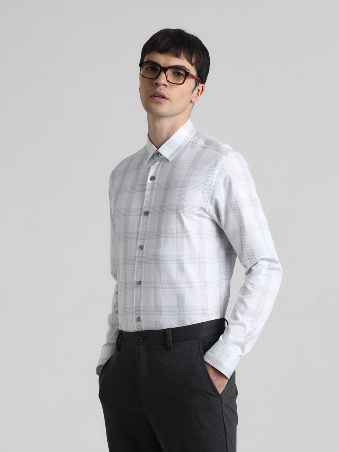 White Dobby Check Print Shirt - S