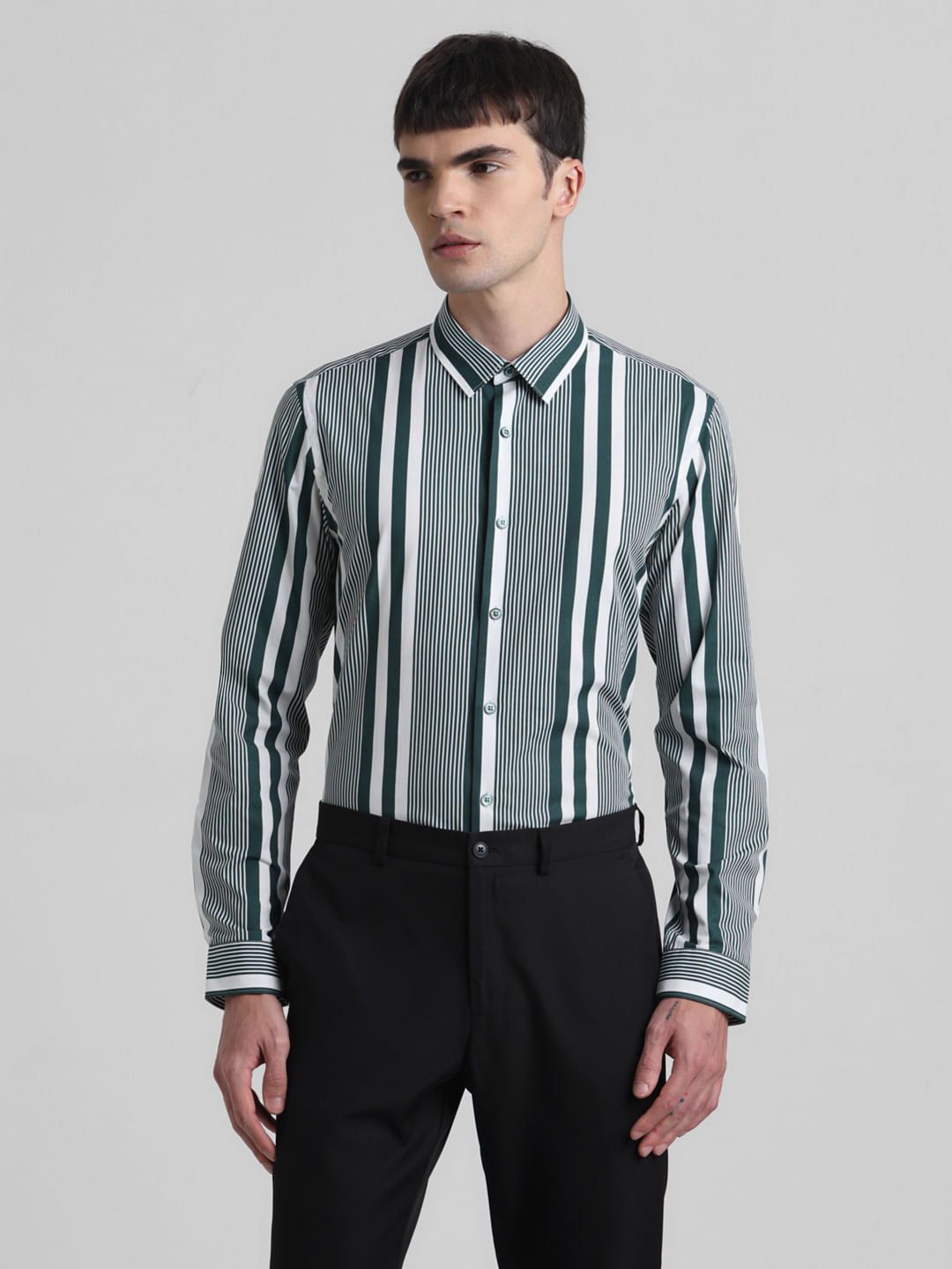 Green Striped Full Sleeves Shirt
