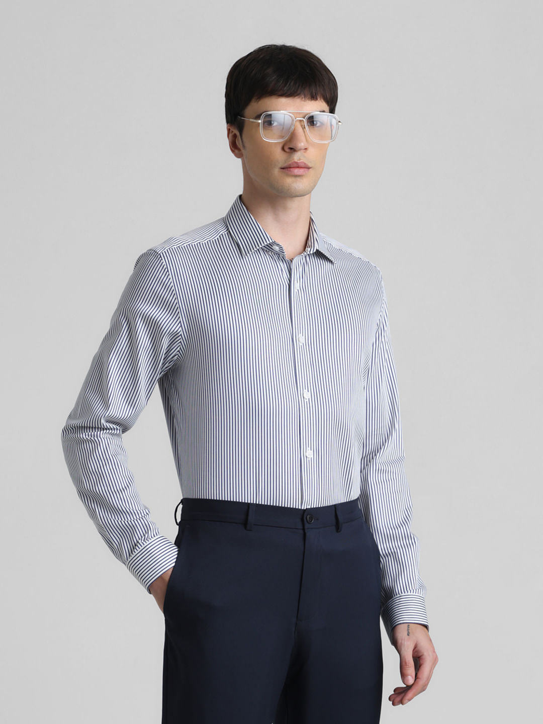 Blue Pinstriped Full Sleeves Shirt - S
