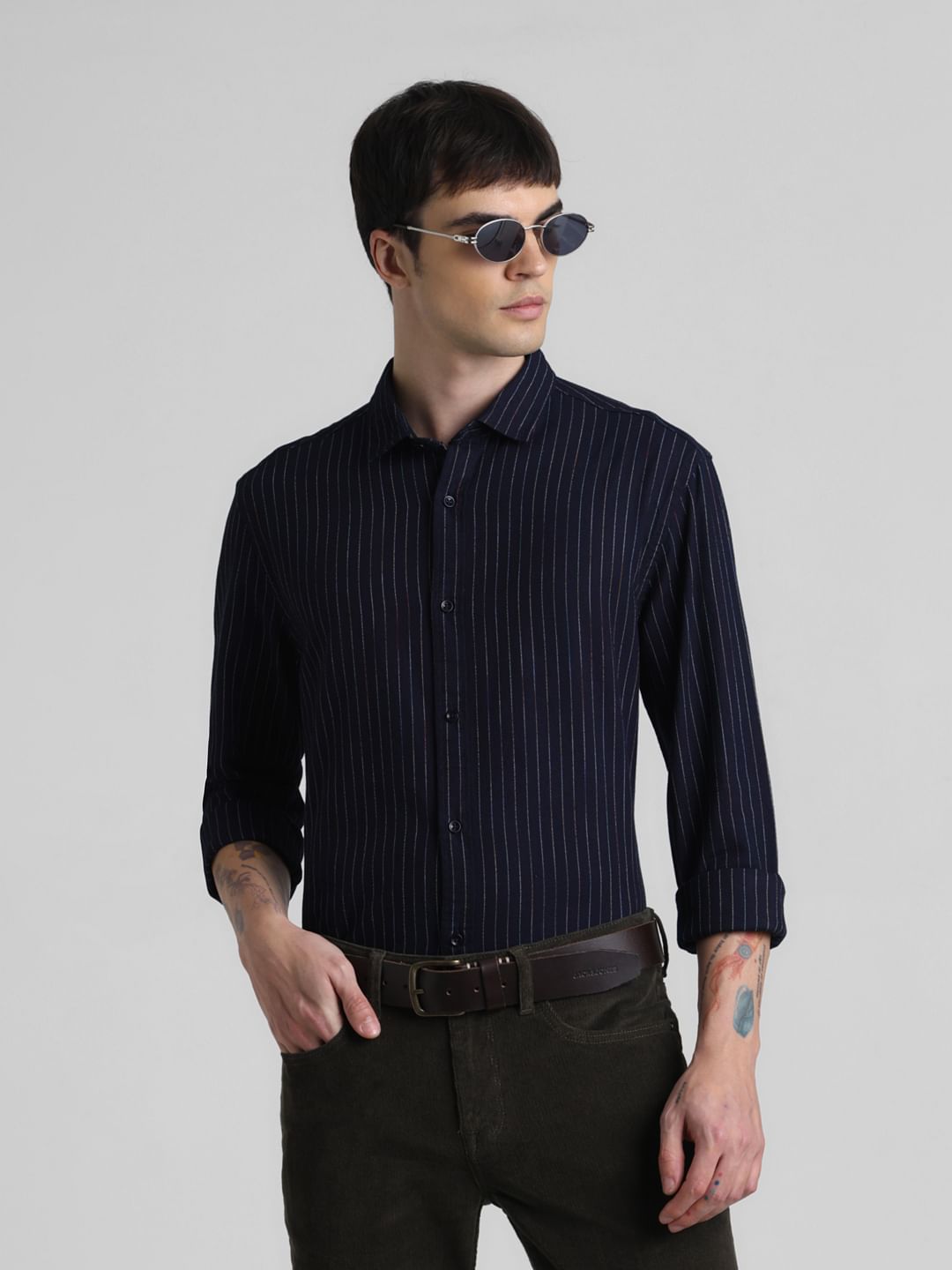 Blue Striped Full Sleeves Shirt - S