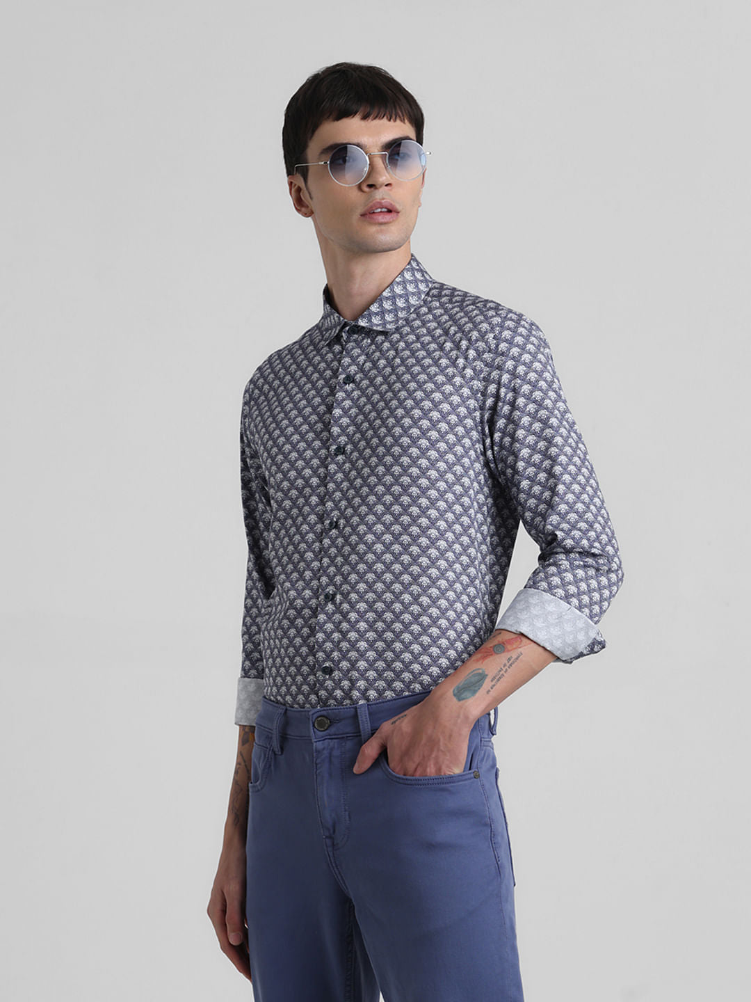 Blue Printed Full Sleeves Shirt - S