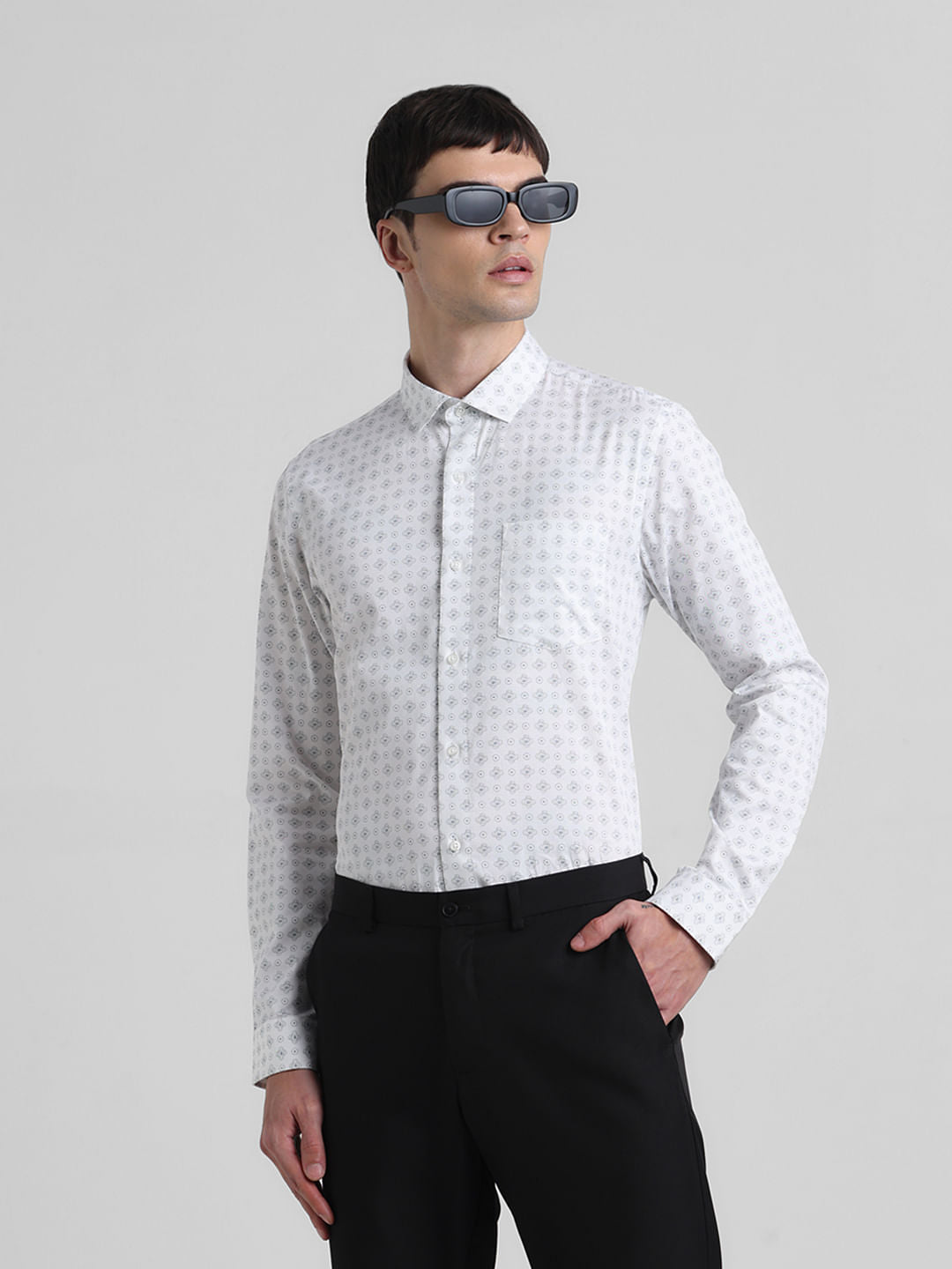 White Printed Full Sleeves Shirt - L