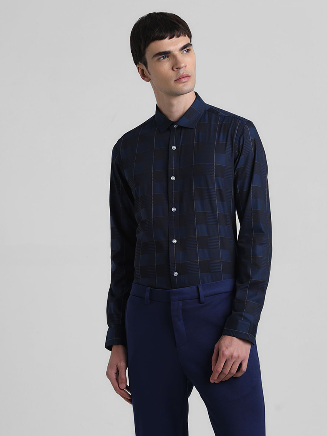 Blue Dobby Check Full Sleeves Shirt
