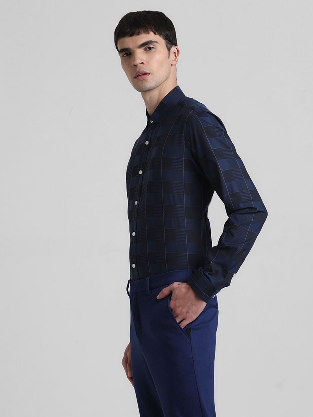 Blue Dobby Check Full Sleeves Shirt