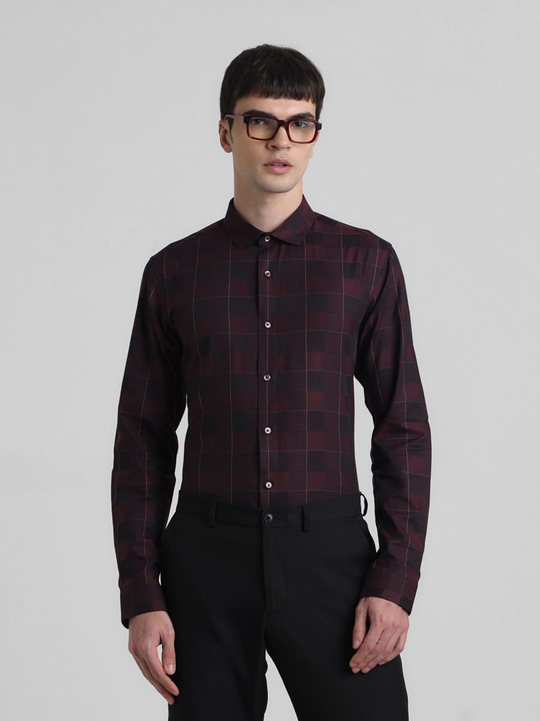 Maroon Dobby Check Full Sleeves Shirt - S
