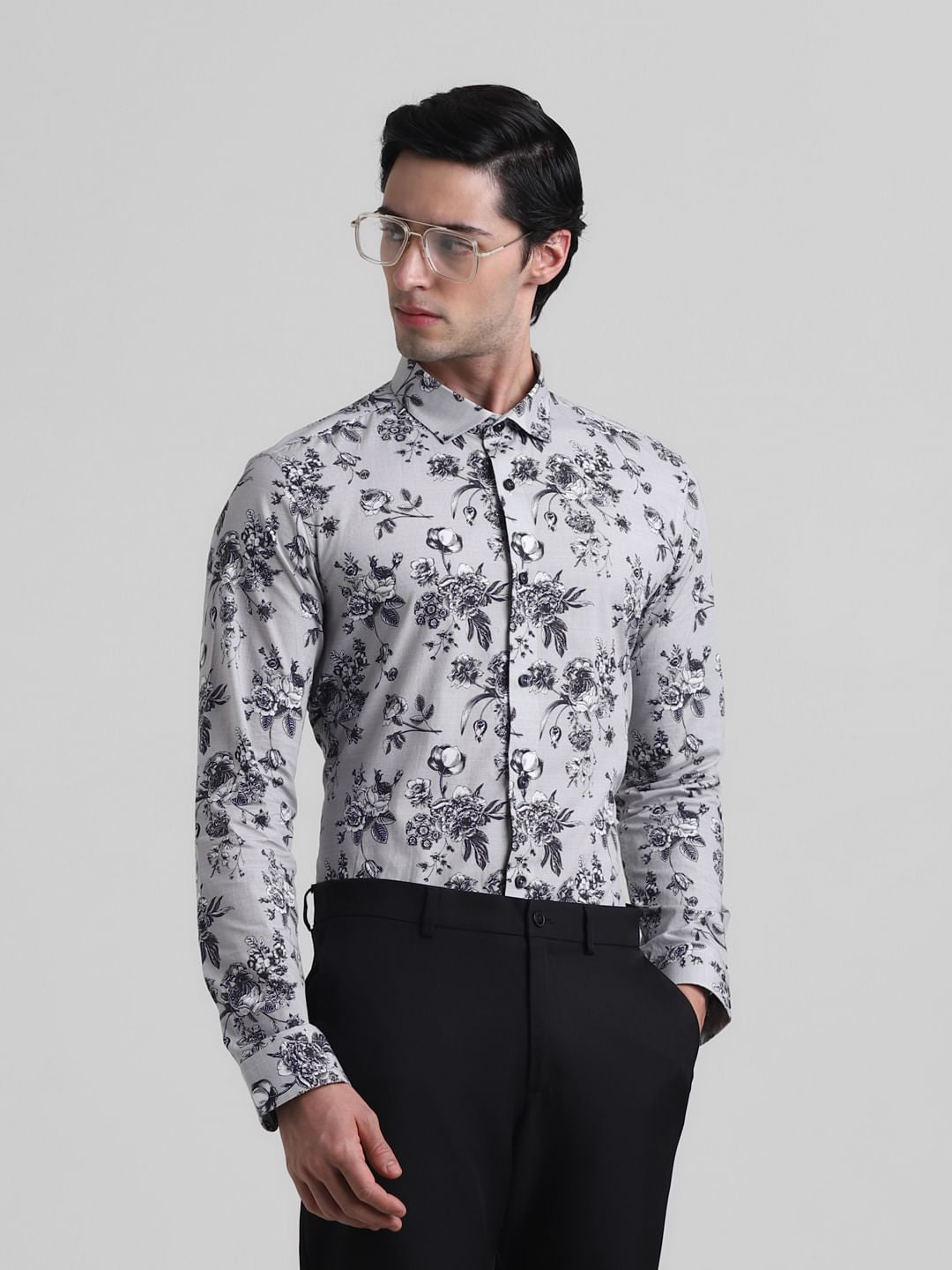 Grey Floral Print Full Sleeves Shirt - S