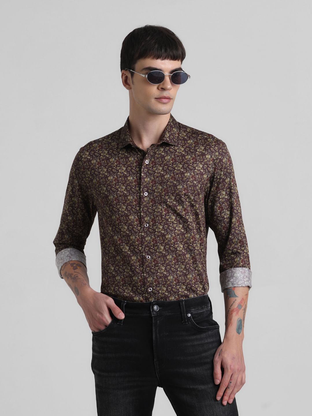 Maroon Floral Full Sleeves Shirt - S