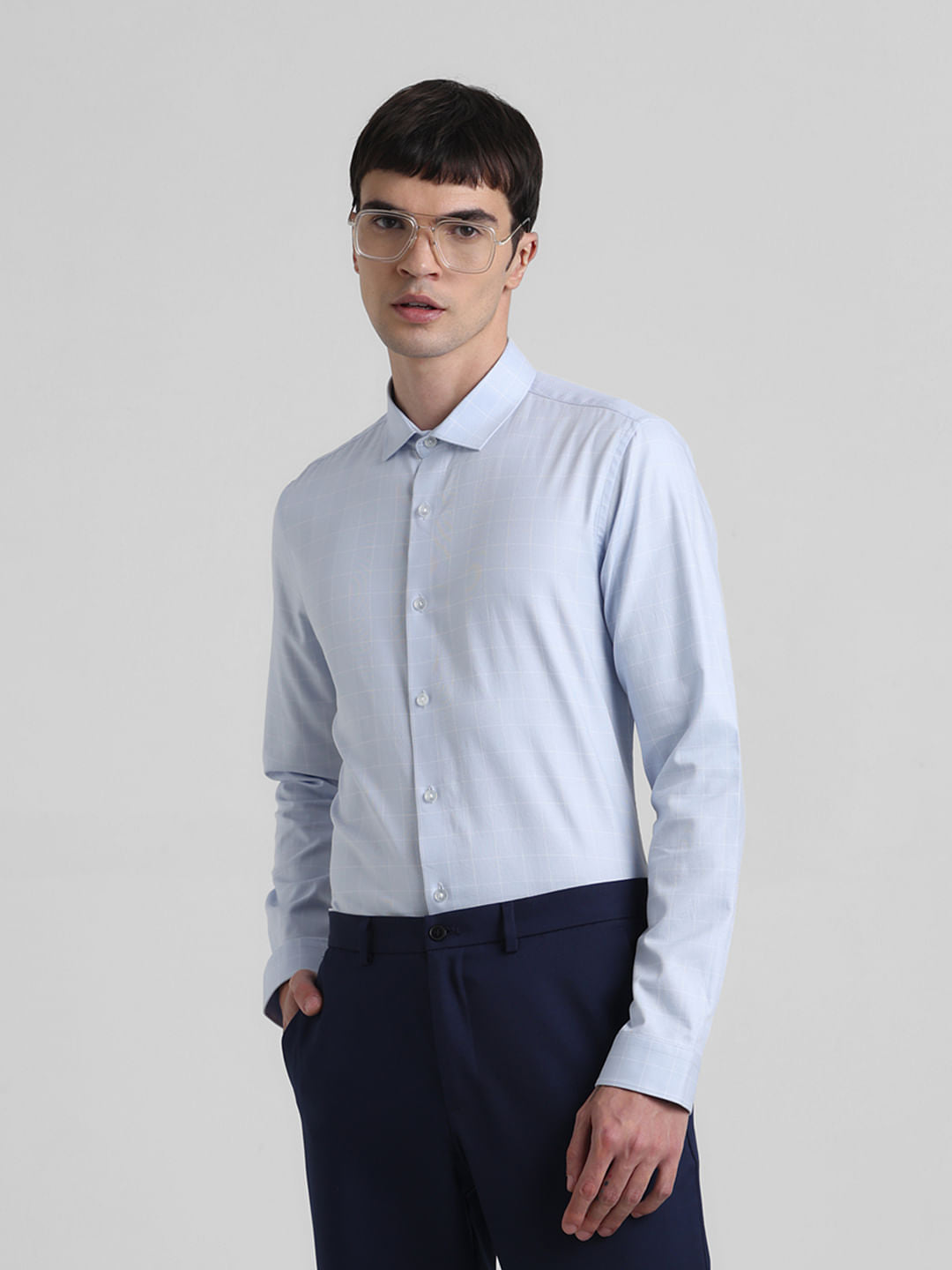 Blue Dobby Check Full Sleeves Shirt - M
