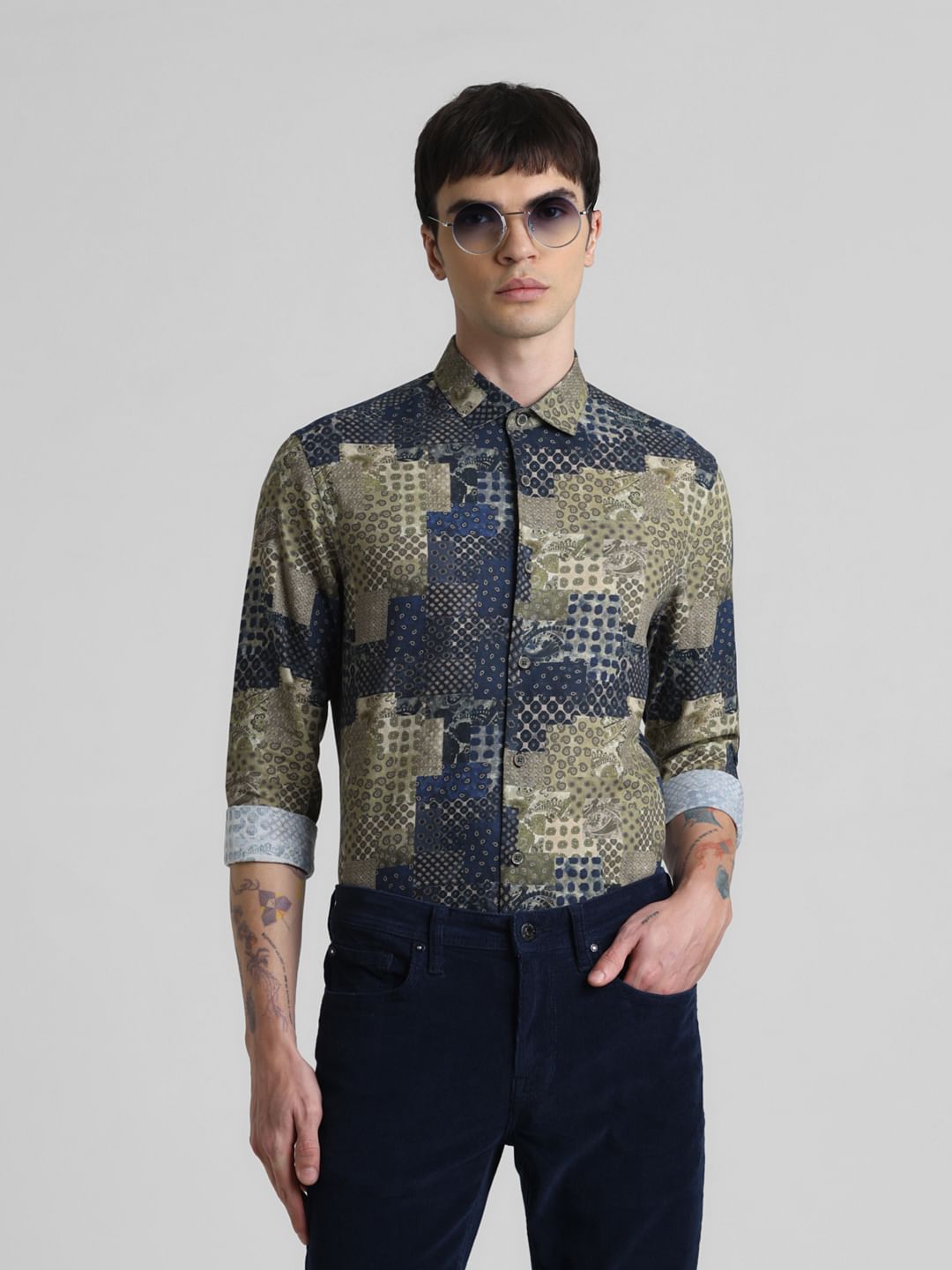 Blue Patch Print Linen Shirt