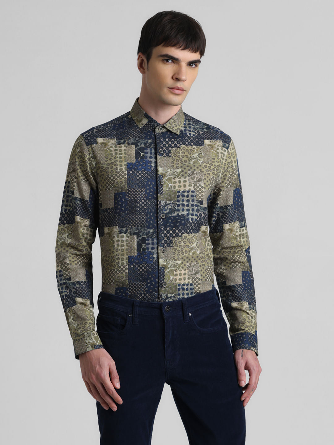 Blue Patch Print Linen Shirt