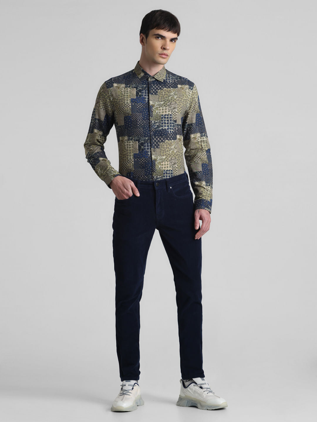Blue Patch Print Linen Shirt