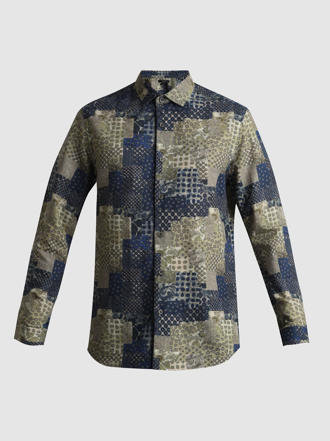 Blue Patch Print Linen Shirt