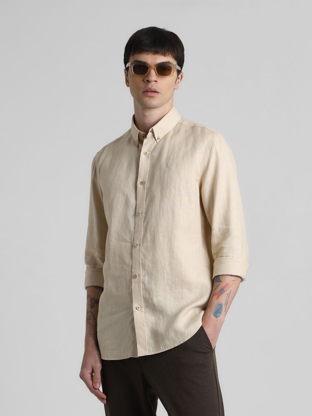 Beige Linen Full Sleeves Shirt - S