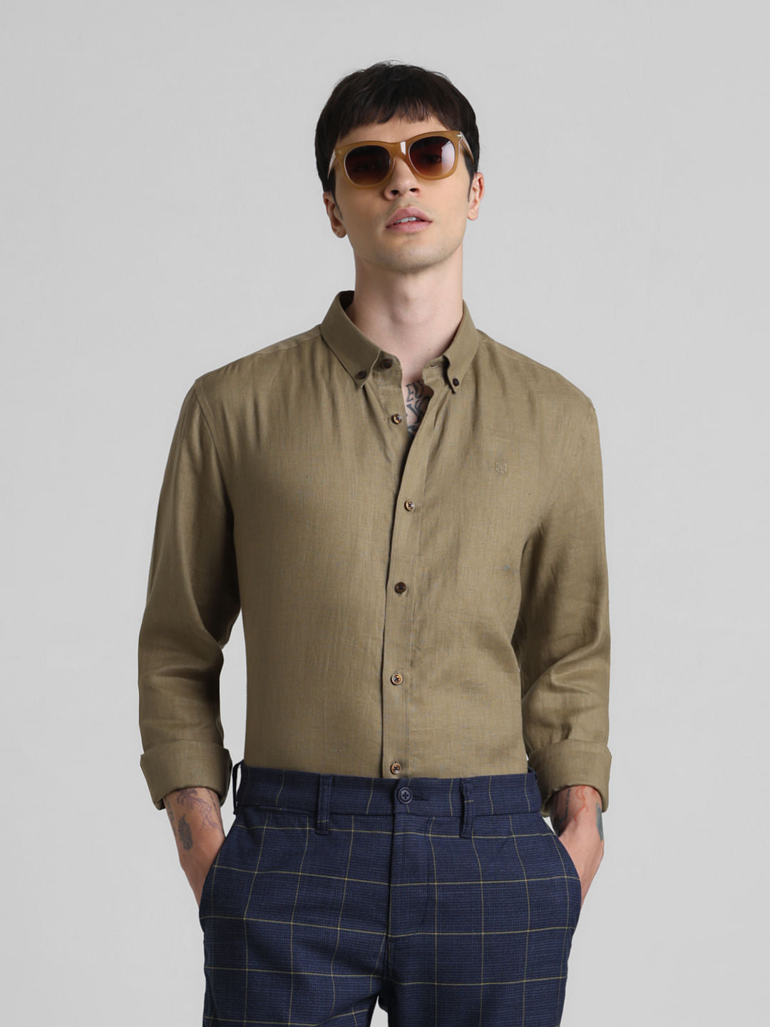 Green Linen Full Sleeves Shirt - S