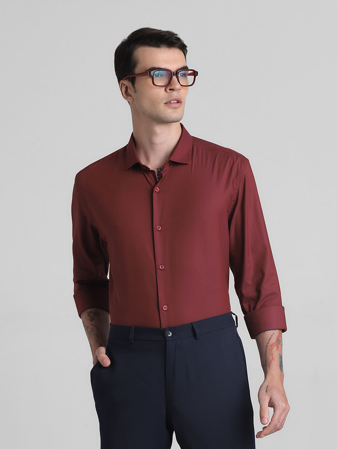 Maroon Cotton Full Sleeves Shirt - S