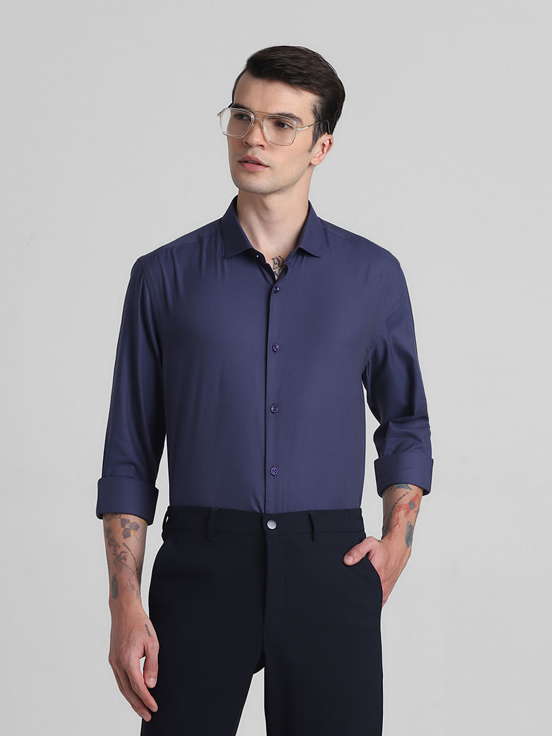 Dark Blue Cotton Full Sleeves Shirt - XXL