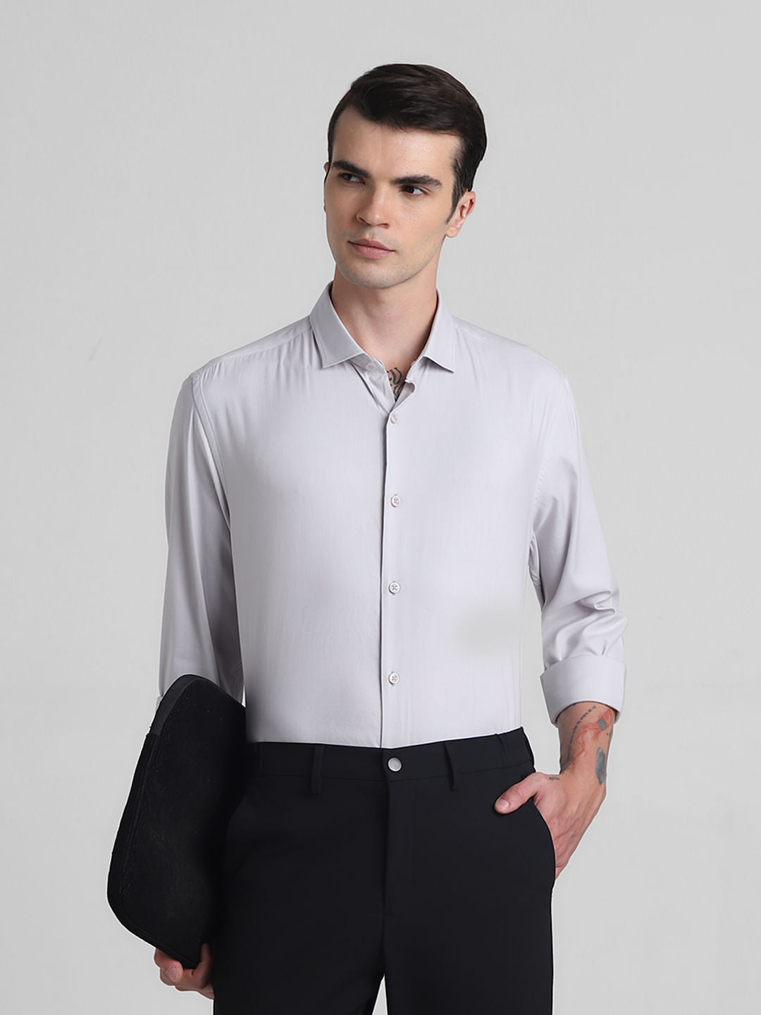 Light Grey Cotton Full Sleeves Shirt - S