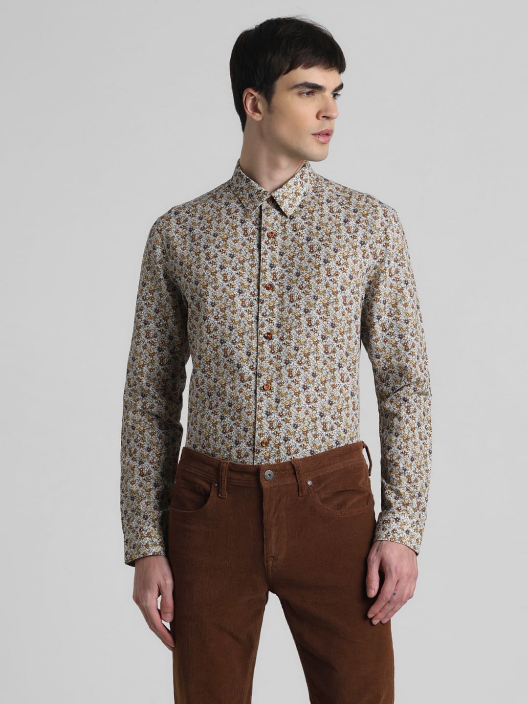 Brown Floral Full Sleeves Shirt
