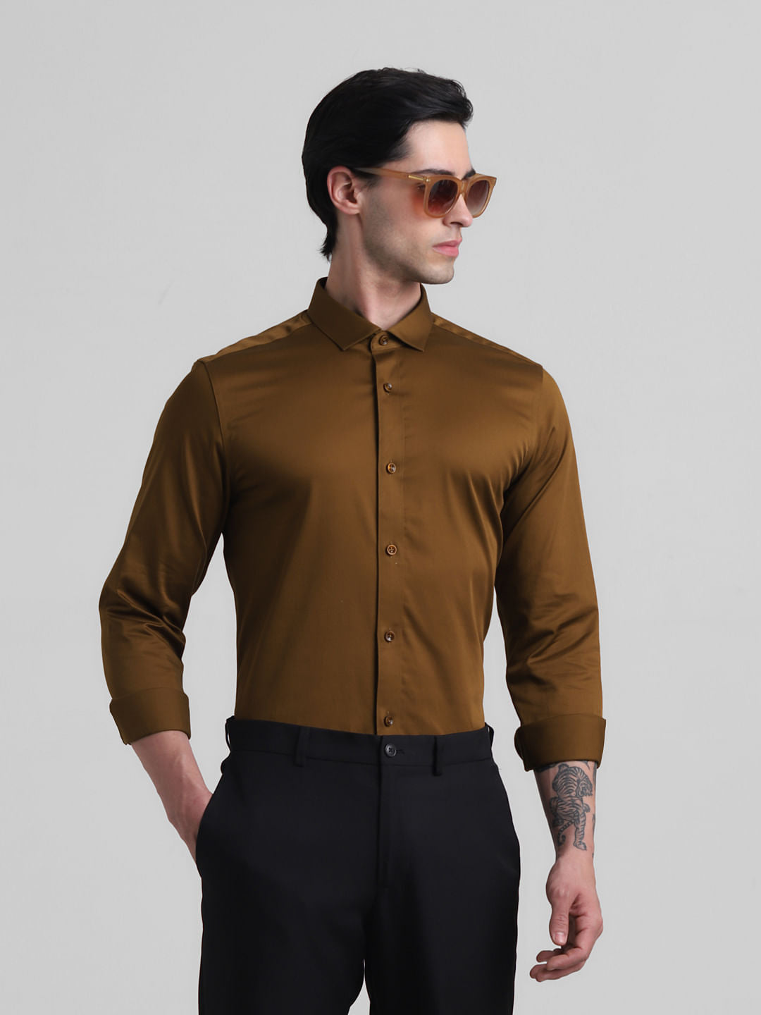 Brown Satin Weave Full Sleeves Shirt