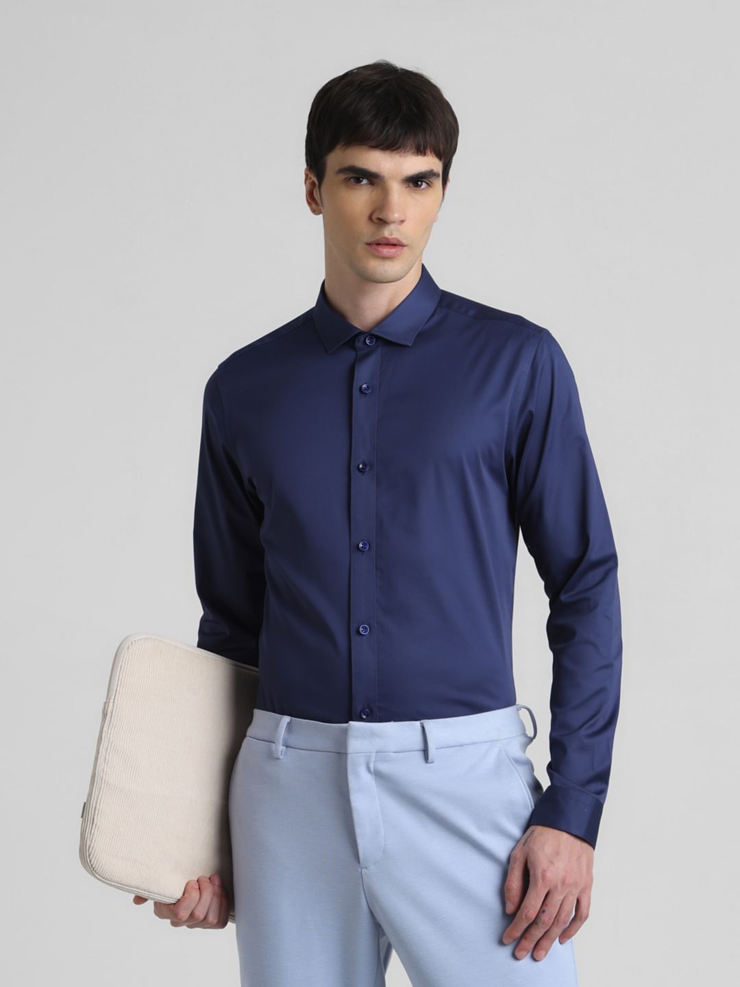Blue Satin Weave Full Sleeves Shirt - S