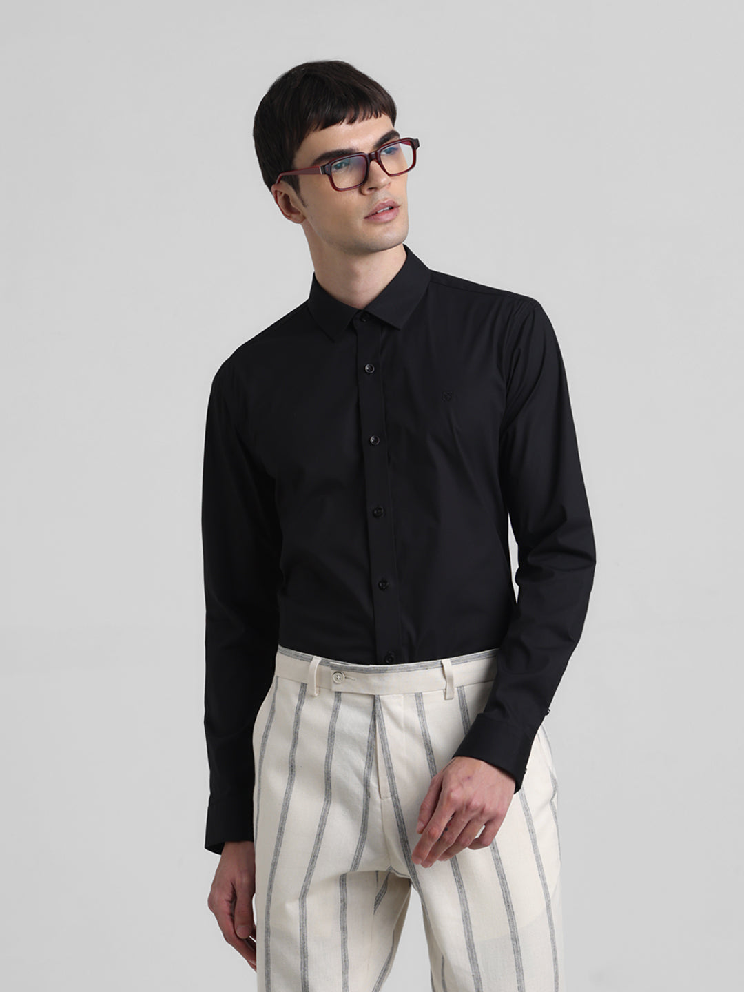 Men's Black Solid Slim Fit Cotton Stretch Poplin Shirt - S