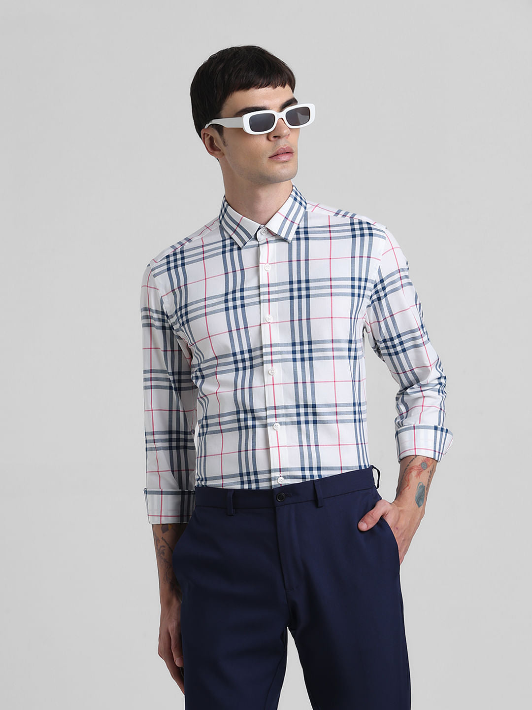 White Check Print Full Sleeves Shirt - S