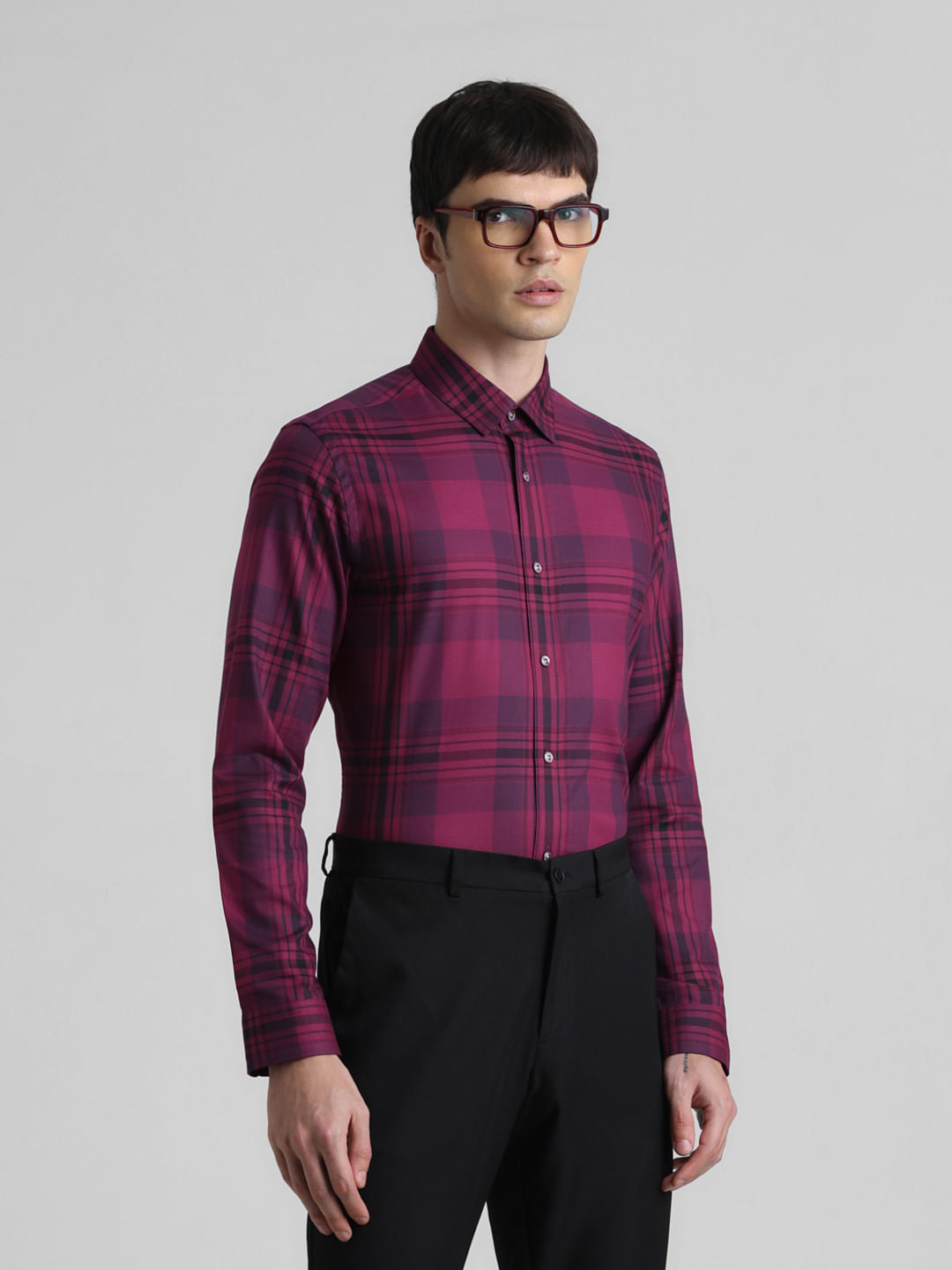 Purple Check Print Full Sleeves Shirt - S