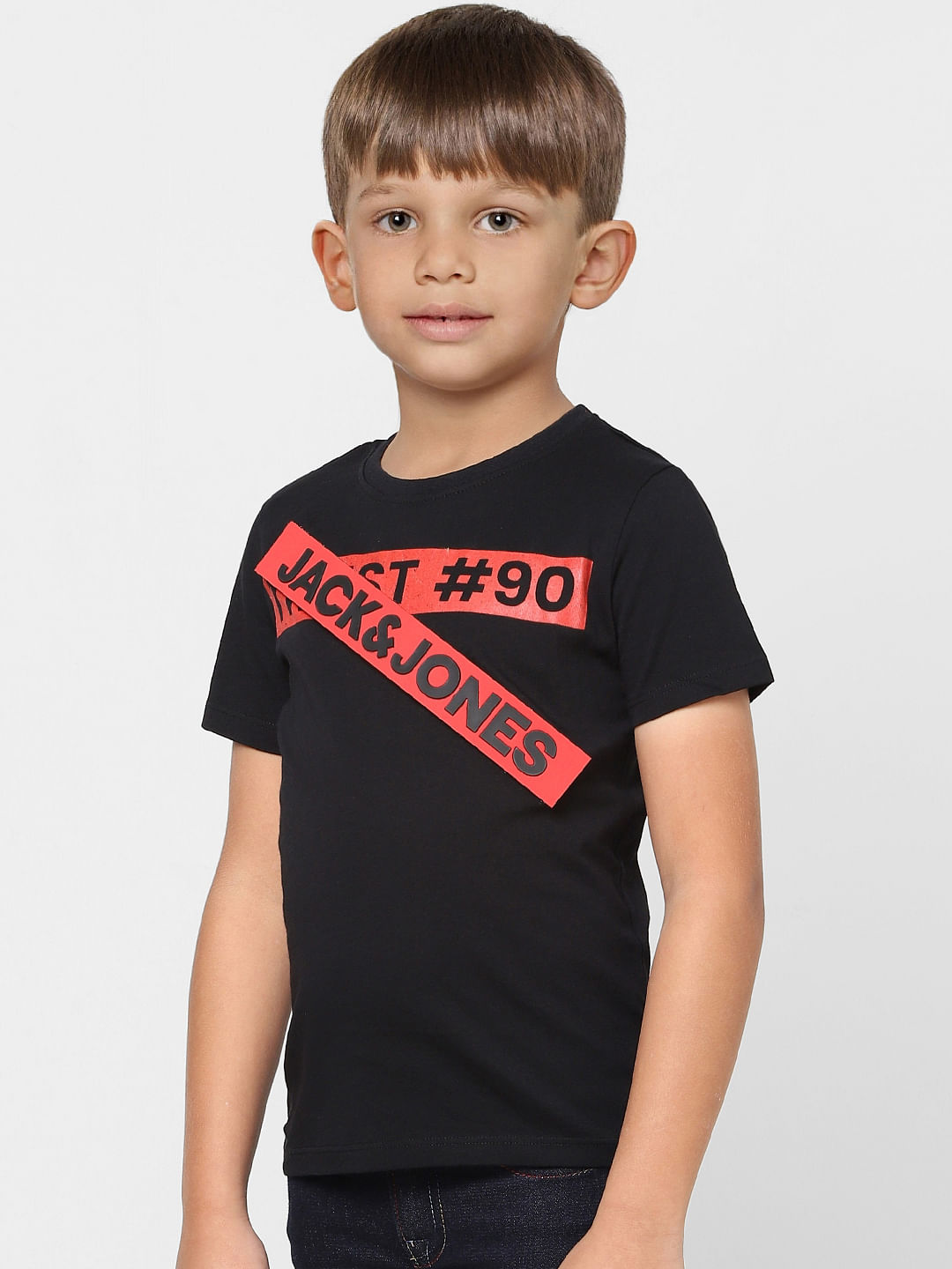Boys Black Slogan Print Crew Neck T-shirt