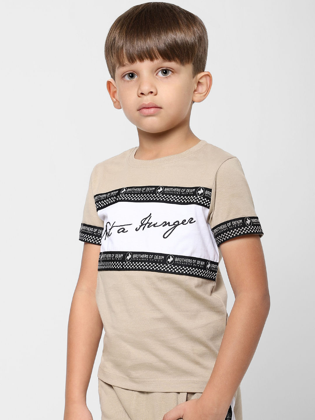 Boys Beige Slogan Print Crew Neck T-shirt