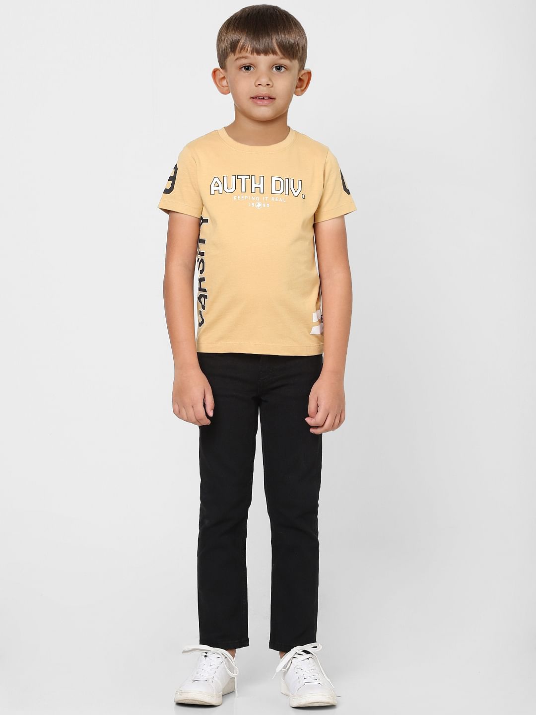 Boys Beige Varsity Print Crew Neck T-shirt