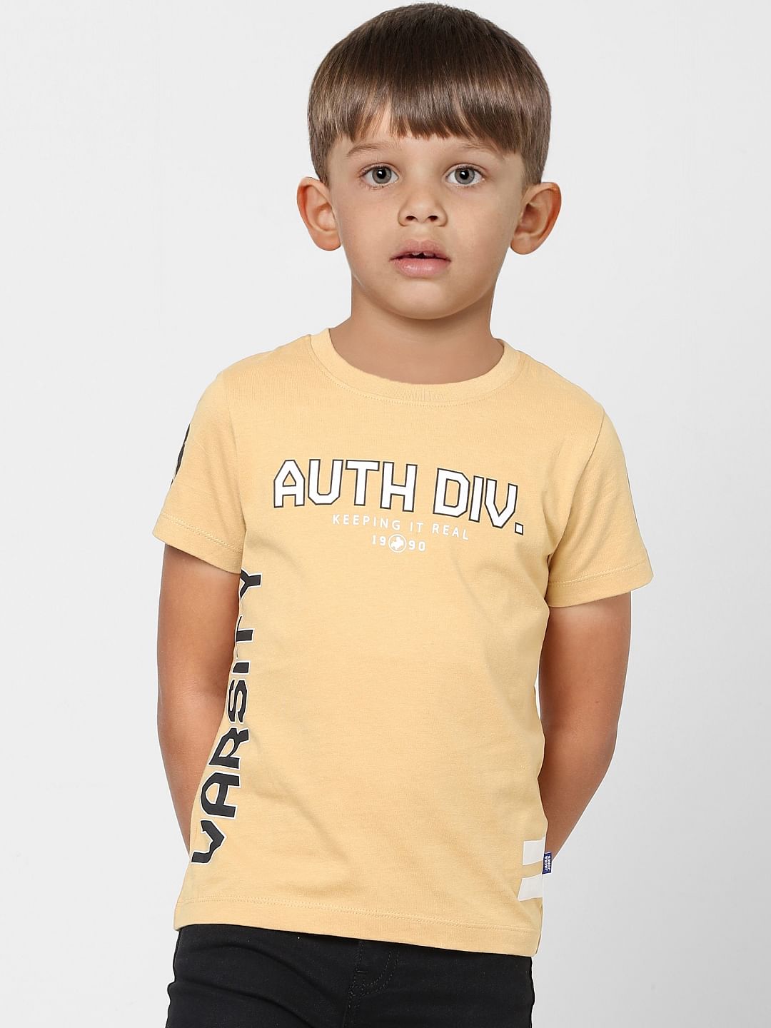Boys Beige Varsity Print Crew Neck T-shirt