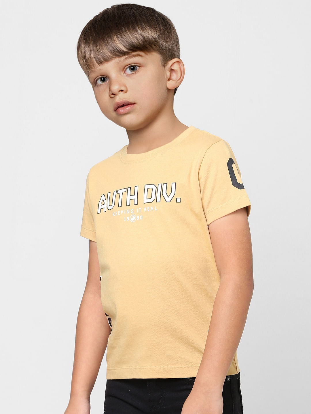 Boys Beige Varsity Print Crew Neck T-shirt