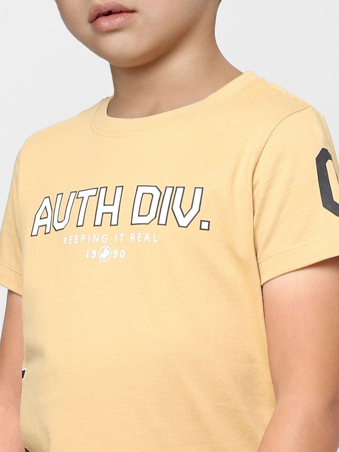 Boys Beige Varsity Print Crew Neck T-shirt