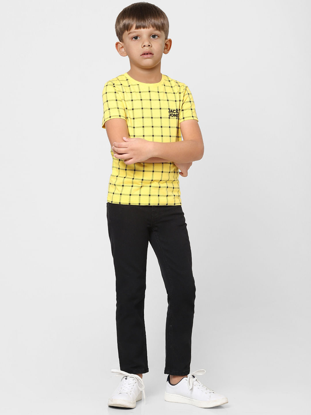 Boys Yellow Check Crew Neck T-shirt - 4/5Y