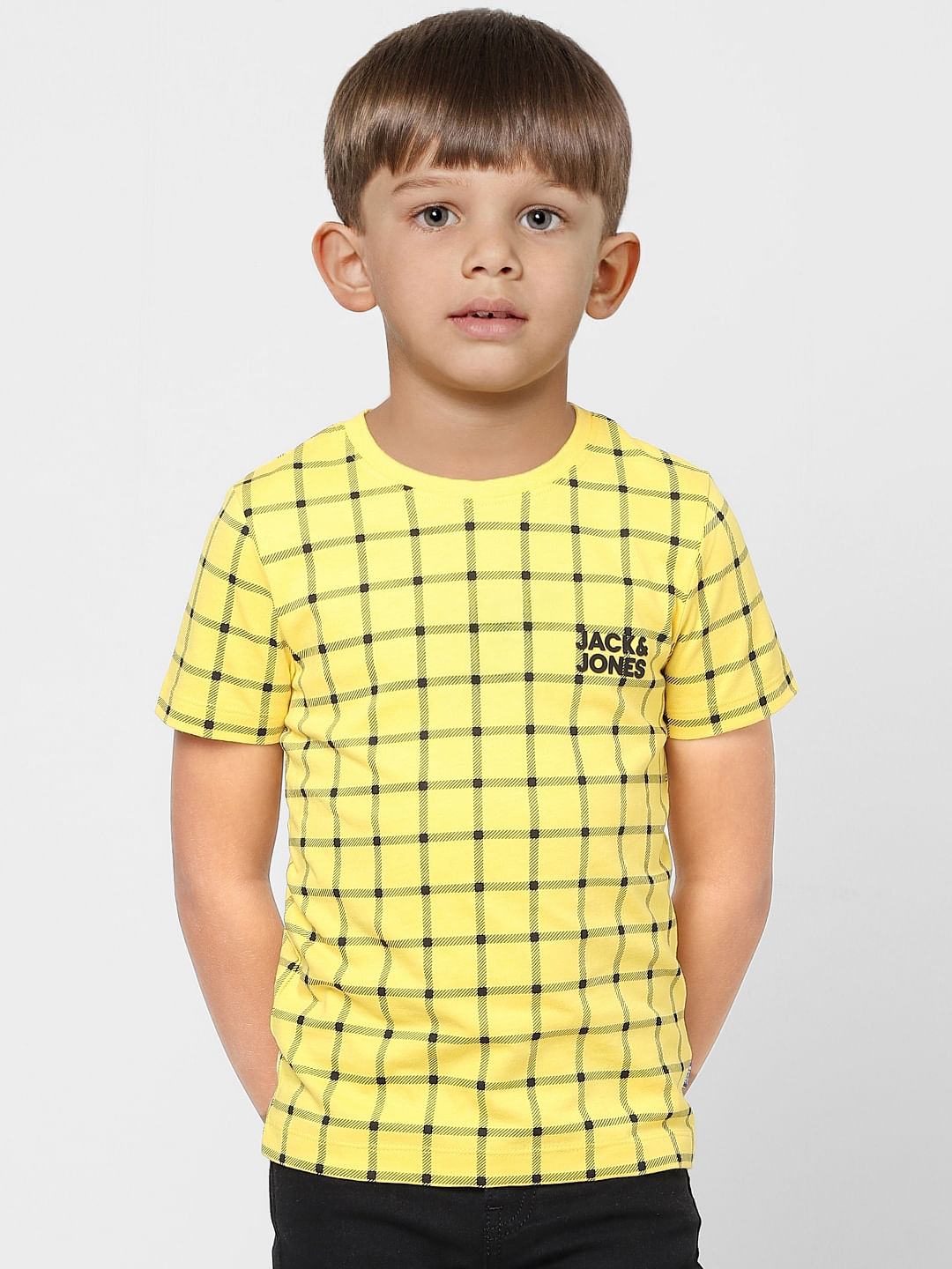 Boys Yellow Check Crew Neck T-shirt