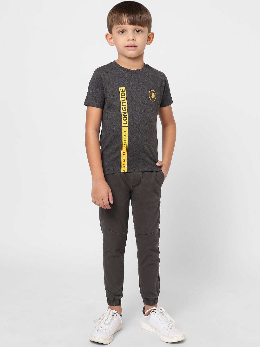 Boys Dark Grey Text Print Crew Neck T-shirt