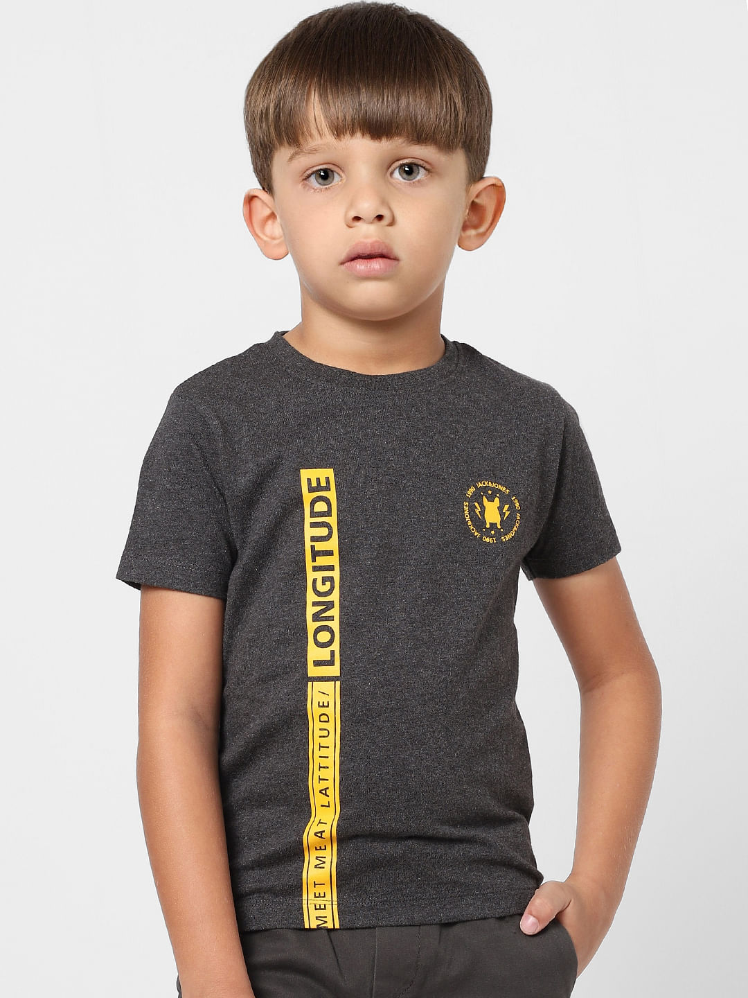 Boys Dark Grey Text Print Crew Neck T-shirt